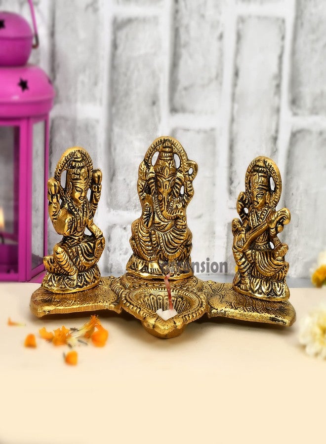 أسينشين تمثال لاكشمي غانيش ساراسواتي، تحفة فنية معدنية، مزين بإضاءة ديا، قطعة ديكور للعبادة، تمثال جالس، تمثال غانباتي مبارك للمنزل، هدية مثالية لاحتفالات ديوالي. - Image 5